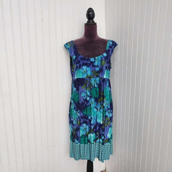 CONNECTED APPAREL Blue Green Floral Scoop Neck Tank Dress Women Stretch Sz 12 - Picture 1 of 12